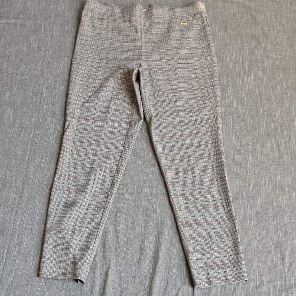 Anne Klein Plaid Trousers Pants Womens Size 32x28 Gray Pink Houndstooth Pull on